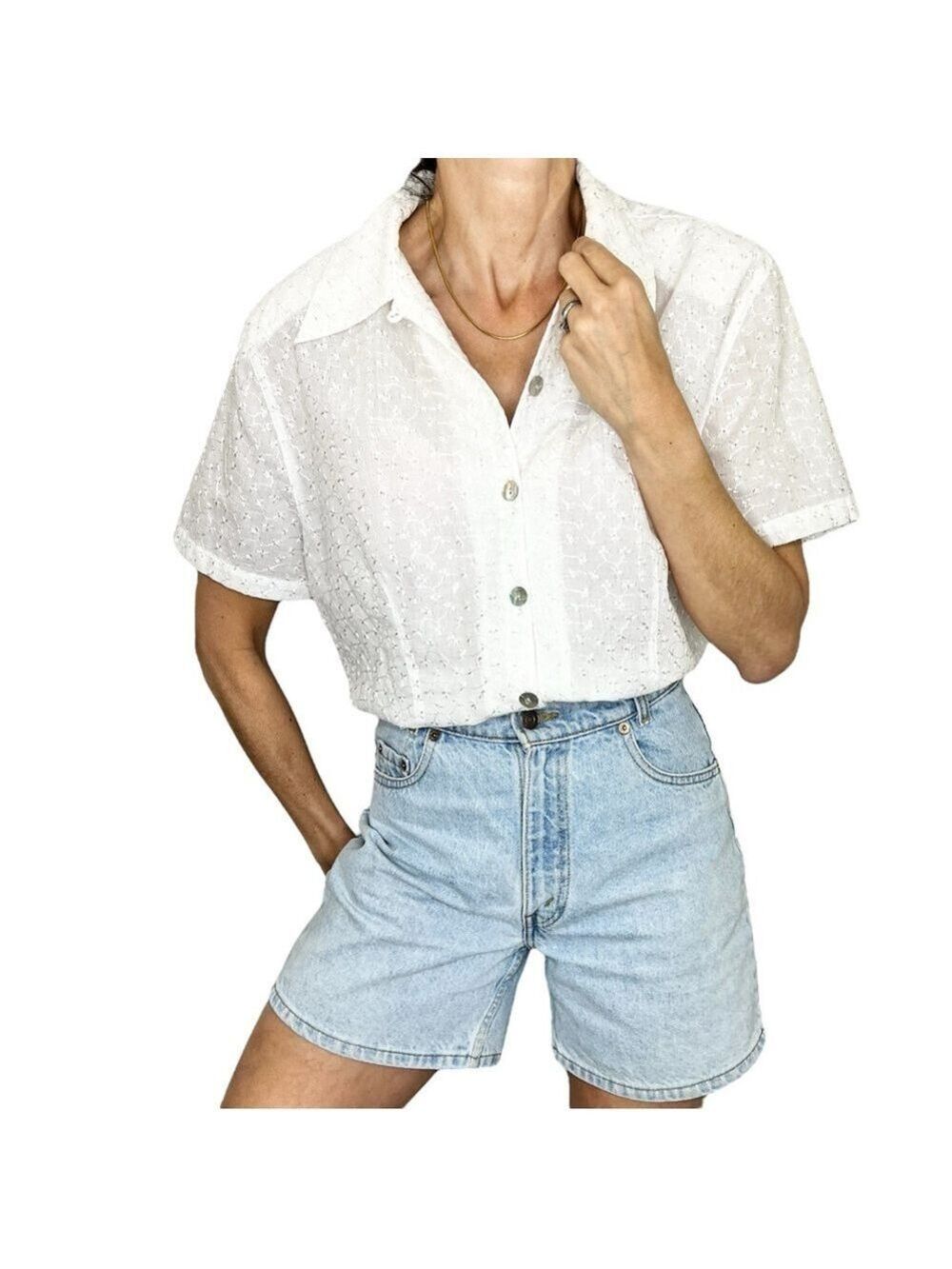 Vintage white embroidered boxy short sleeve agoya shell blouse top